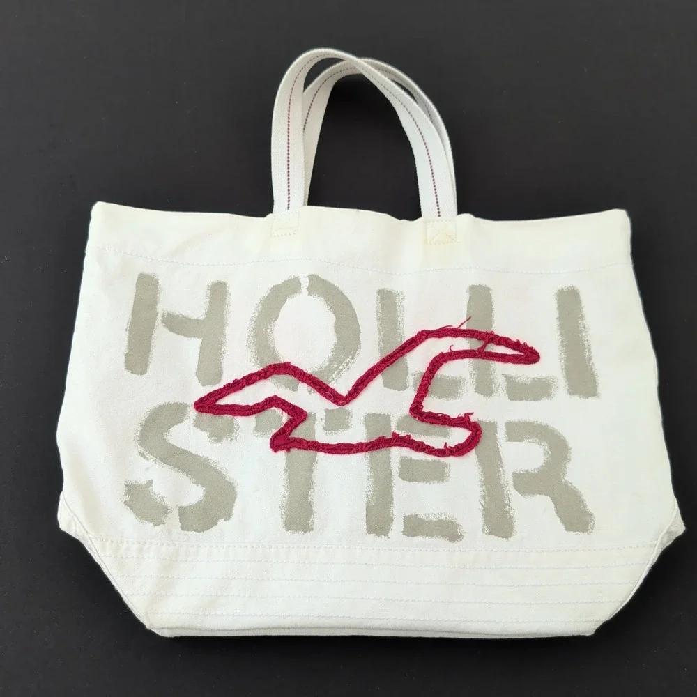 Y2K Hollister Canvas‎ Tote Bag Embroidered Beach Maroon White